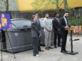 Mayor Zohran Kwame Mamdani and New York City Department of Sanitation Commissioner (DSNY) Gregory Anderson announce that six new Community Districts across the city will have 100% trash containerization by the end of 2027. Bower Park, Brooklyn. Friday, April 17, 2026. Credit: Ed Reed/Mayoral Photography Office.